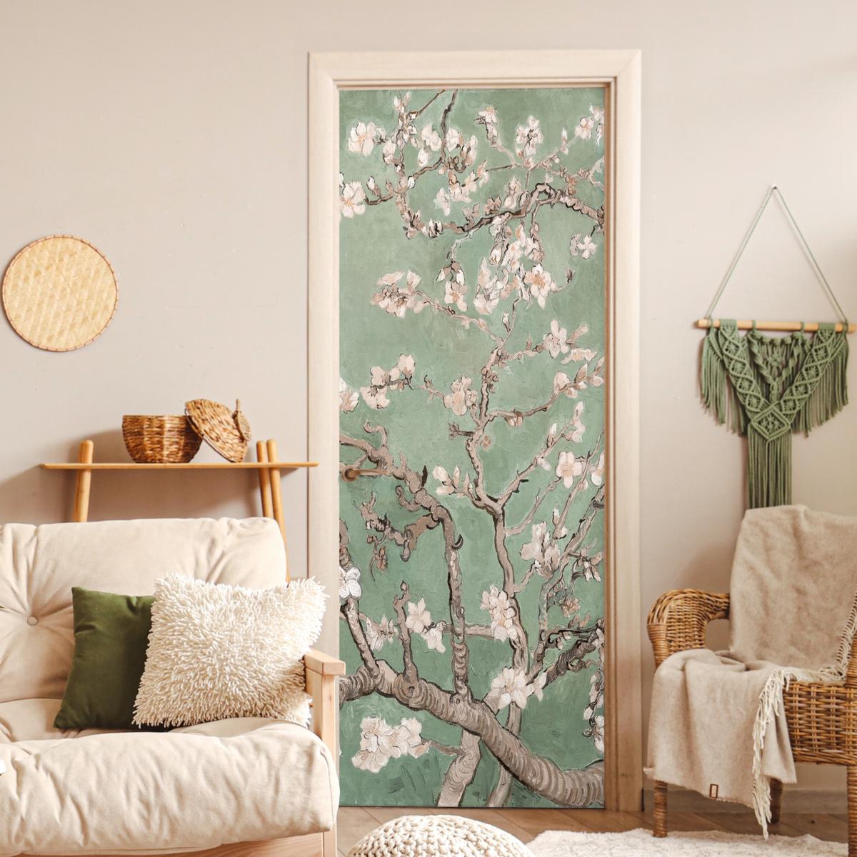 TÜRAUFKLEBER Mandelblüte - Kunst - Van Gogh - Grün 90x235 cm - Türtapete - Salbeigrün, Kunststoff (90/0.1cm) - MuchoWow