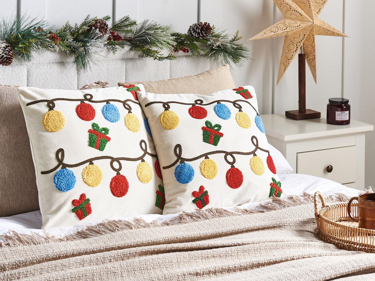 DEKOKISSEN 2er-Set Cremeweiß 45/45 cm Palmier - Blau/Gelb, Textil (45/45cm) - Beliani