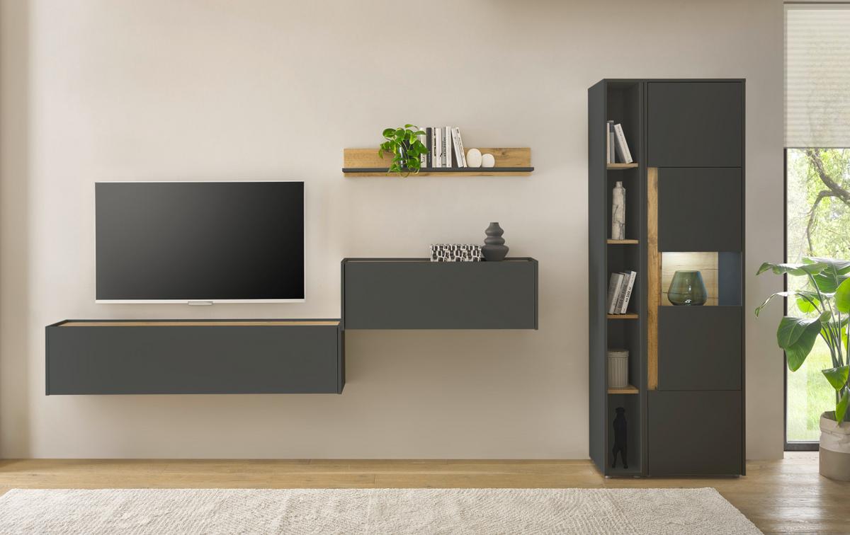 WOHNWAND grau matt, Eiche Wotan 340 cm, Schrankwand mit Sekretär - Eiche Wotan/Grau, Glas/Holzwerkstoff (340/200/40cm) - Furn.Design