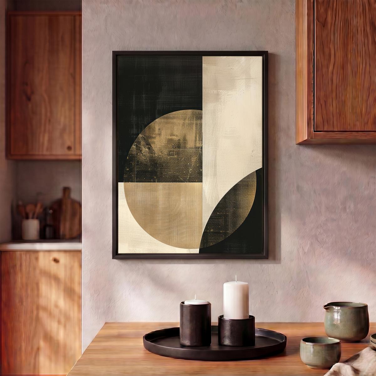 LEINWAND Bilder mit Rahmen - Abstrakt - Geometrische Formen - Schwarz - Gold - 30x40 - Ecru, Textil (30/40cm) - MuchoWow