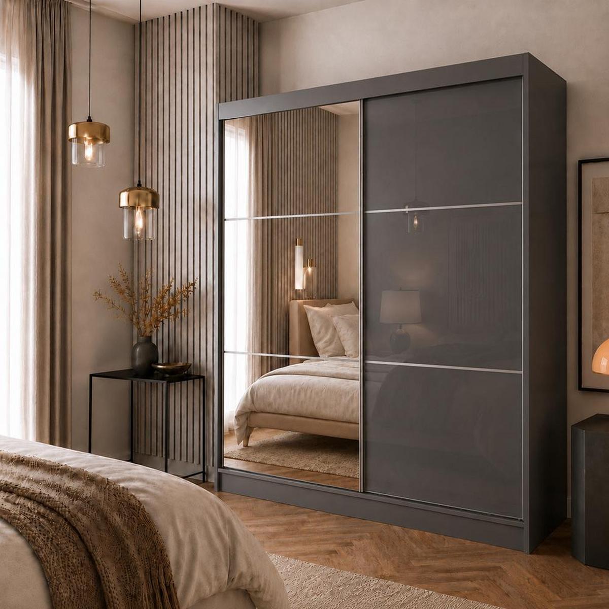 SCHWEBETÜRENSCHRANK Viva II 200/216/61 graphit mit Spiegel und Schubladen - Graphitfarben, Holzwerkstoff (200/216/61cm) - Beautysofa
