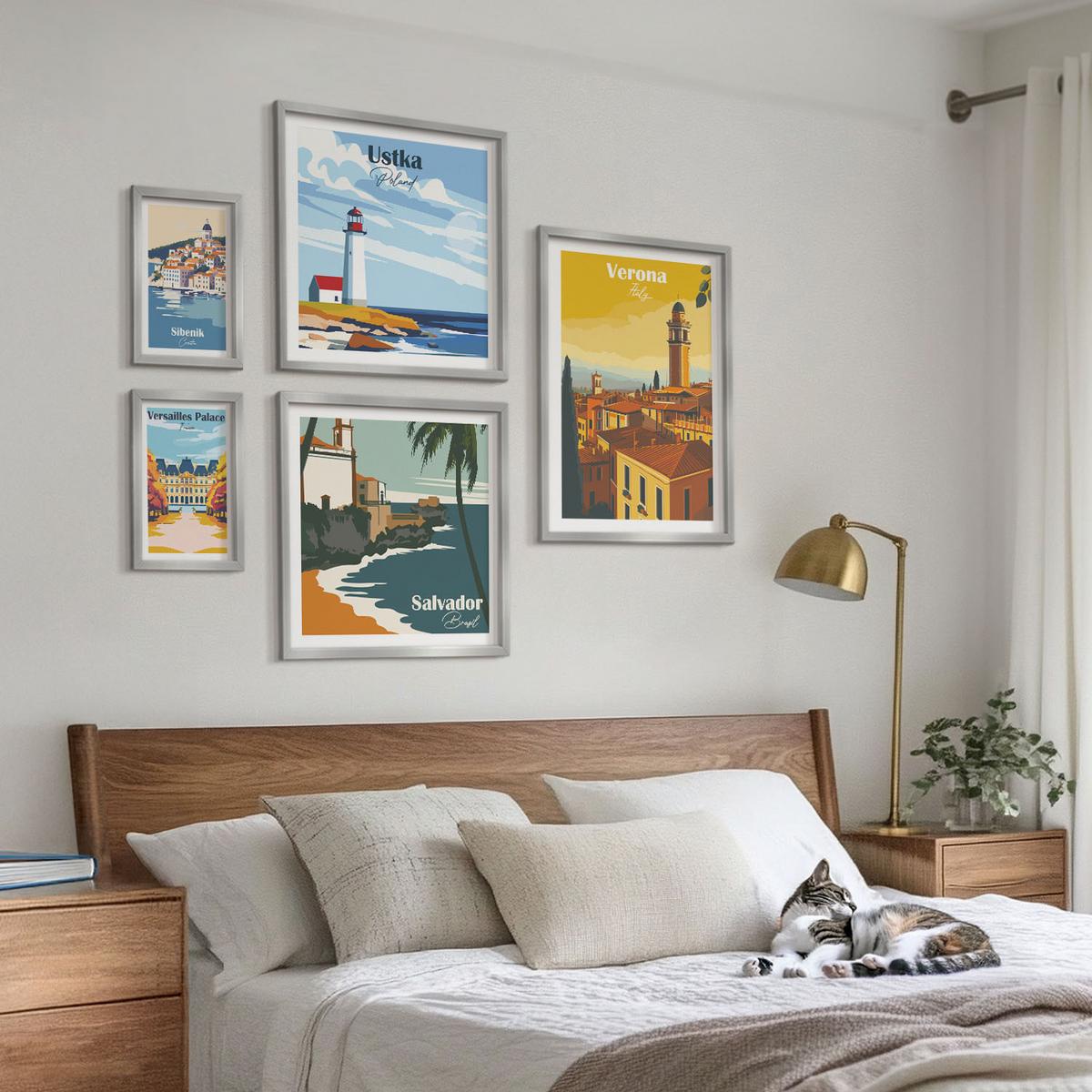 BILDER SET 5er Set - 50x50 cm & 20x30 cm & 40x60 cm Silberner Rahmen - Europäische Städte in farbigen Illustrationen - Silberfarben, Kunststoff (40/60cm) - TULUP