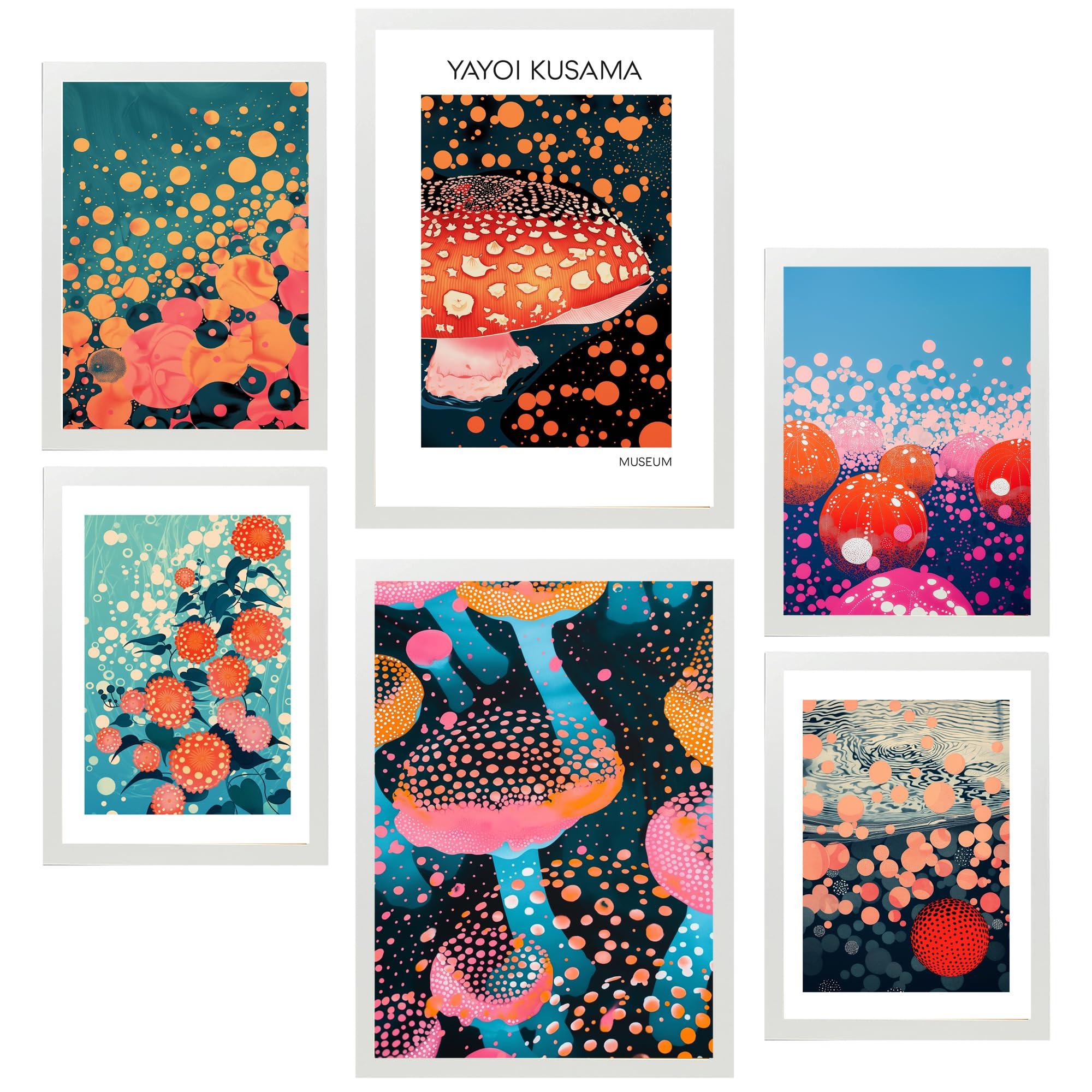 POSTER Set Mit 6 Yayoi Kusama Pilz Wasserblume Japanise A3 & A4 Weißer Rahmen - Weiß, Papier (29/3cm) - Nacnic