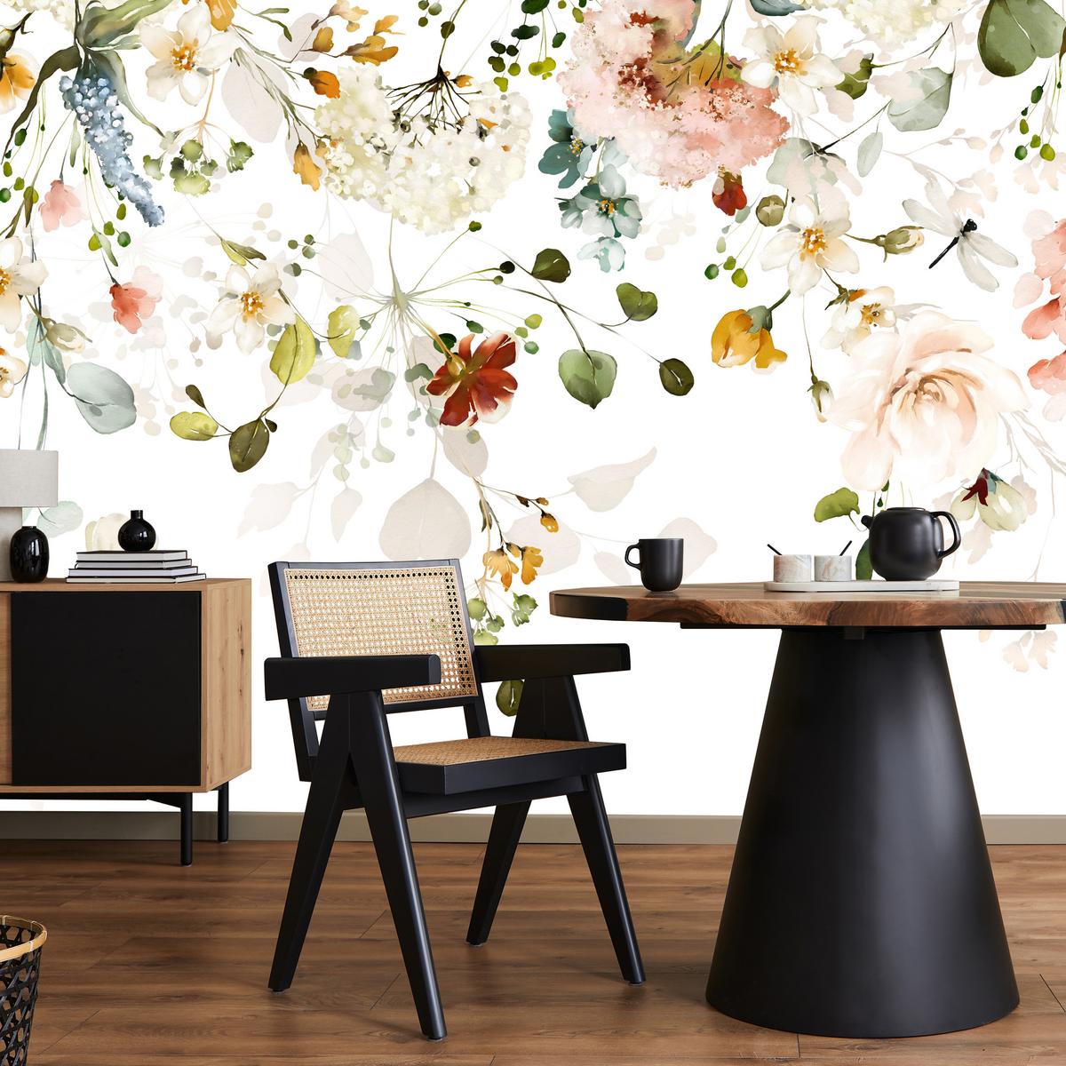 FOTOTAPETE für Schlafzimmer Bunte Zarte Blumen Blätter Pastell 400x280 - Ecru/Beige, Papier (400/280cm) - Muralo