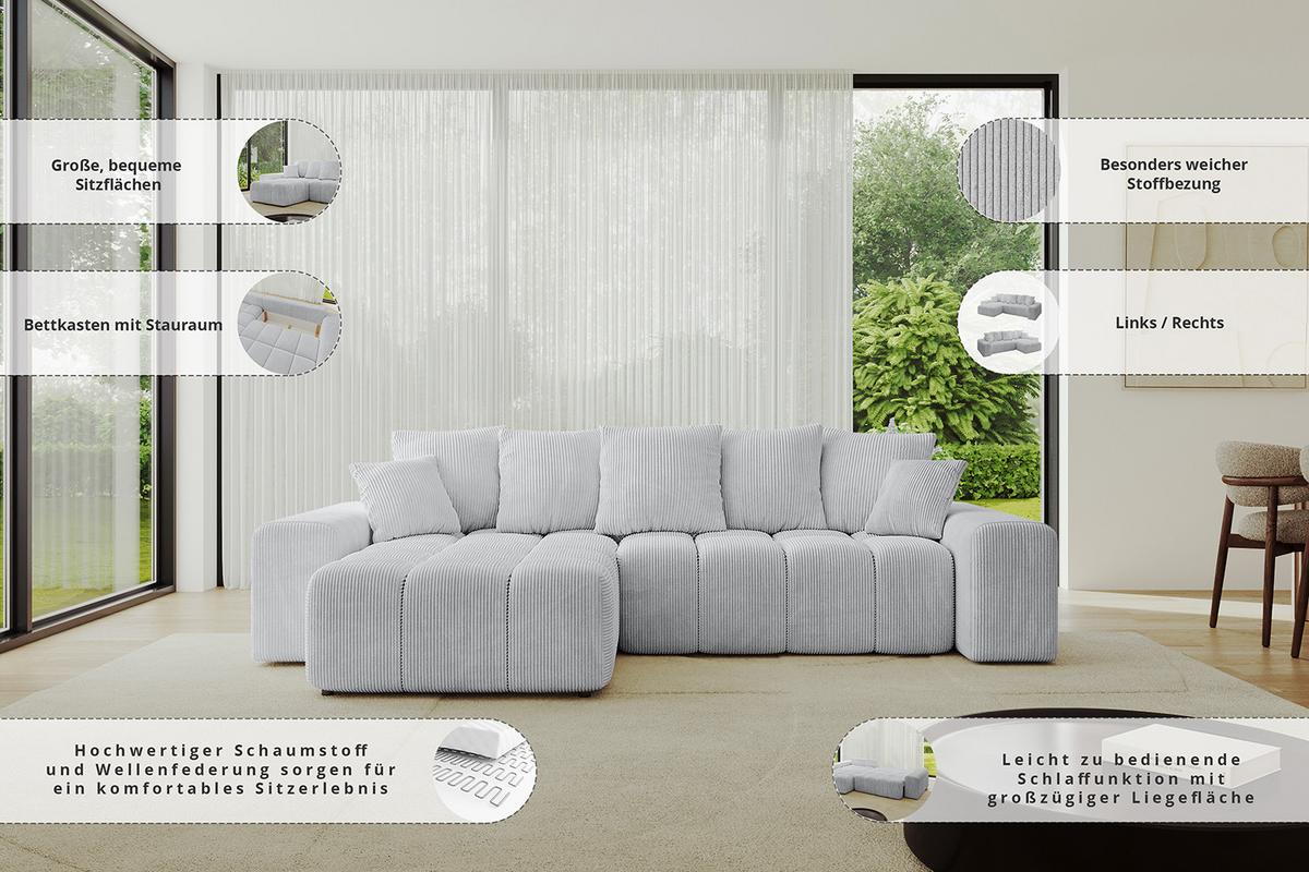 ECKSOFA Ottomane links ENIL-L 297x189x68 Grau Bouclé - Platinfarben, Holzwerkstoff/Kunststoff (297/189cm) - ALTDECOR