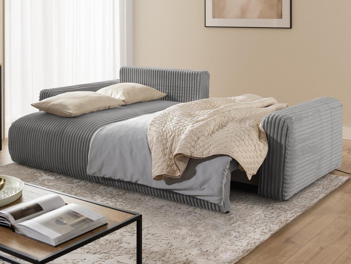 ECKSOFA Calma mit Schlaffunktion und Bettkasten im Bumpy-Design aus weichem Grau Plüschcord - Ottomane links - Schwarz/Grau, Holz/Kunststoff (239/140cm) - S-Style