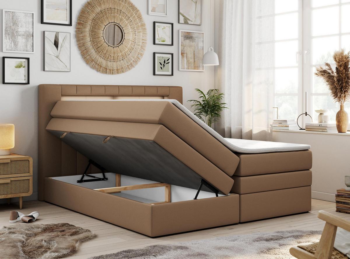 BOXSPRINGBETT GOLD-5 KING LED 120/200 Braun Kunstleder - H3 - Braun, Holz/Textil (120/200cm) - MKS