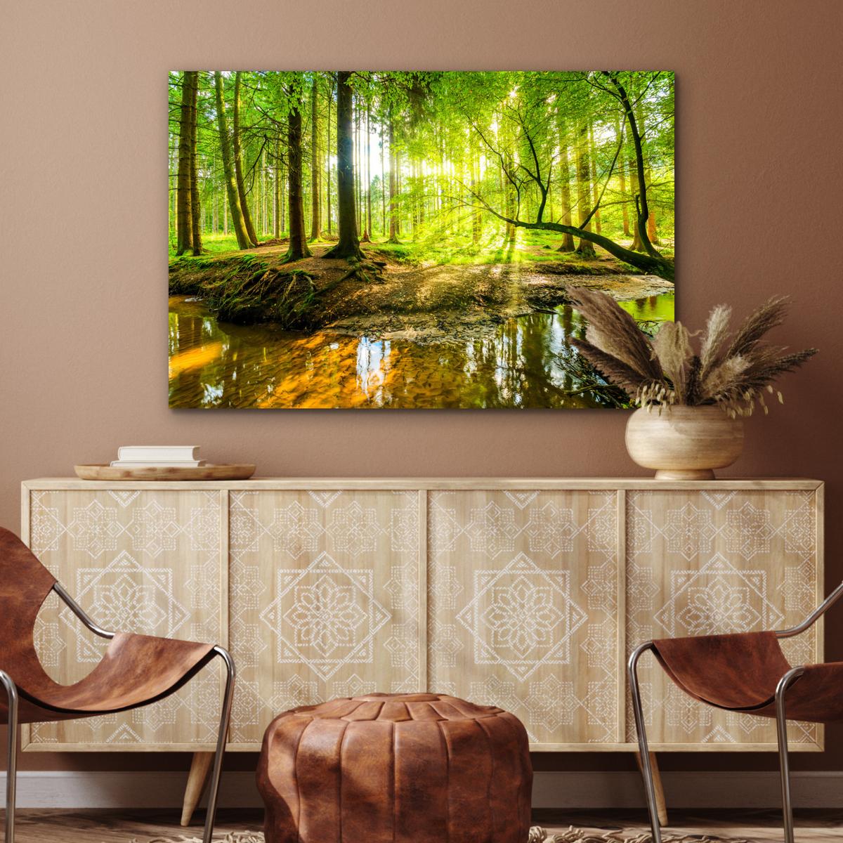 METALLBILD Wald - Landschaft - Wasser - Bäume - Sonne - Grün - Natur Wanddeko 90x60 cm - Grün, Metall (90/60cm) - MuchoWow