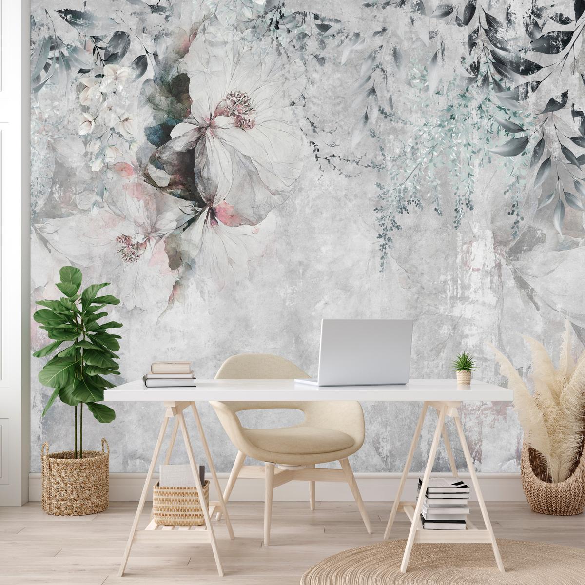 FOTOTAPETE für Büro Zarte Blätter Grau Betonwand Blumen Natur 150x105 - Grau, Papier (150/105cm) - Muralo