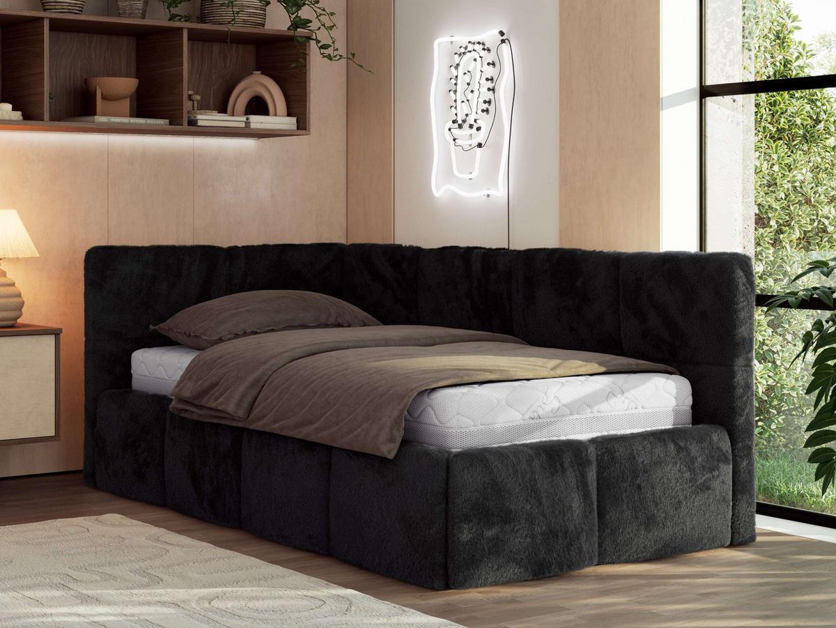 JUGENDBETT ARVO 90/200 - Schwarz Plüsch - Pocket-Matratze - Links Seite - Schwarz, Textil (90/200cm) - MKS