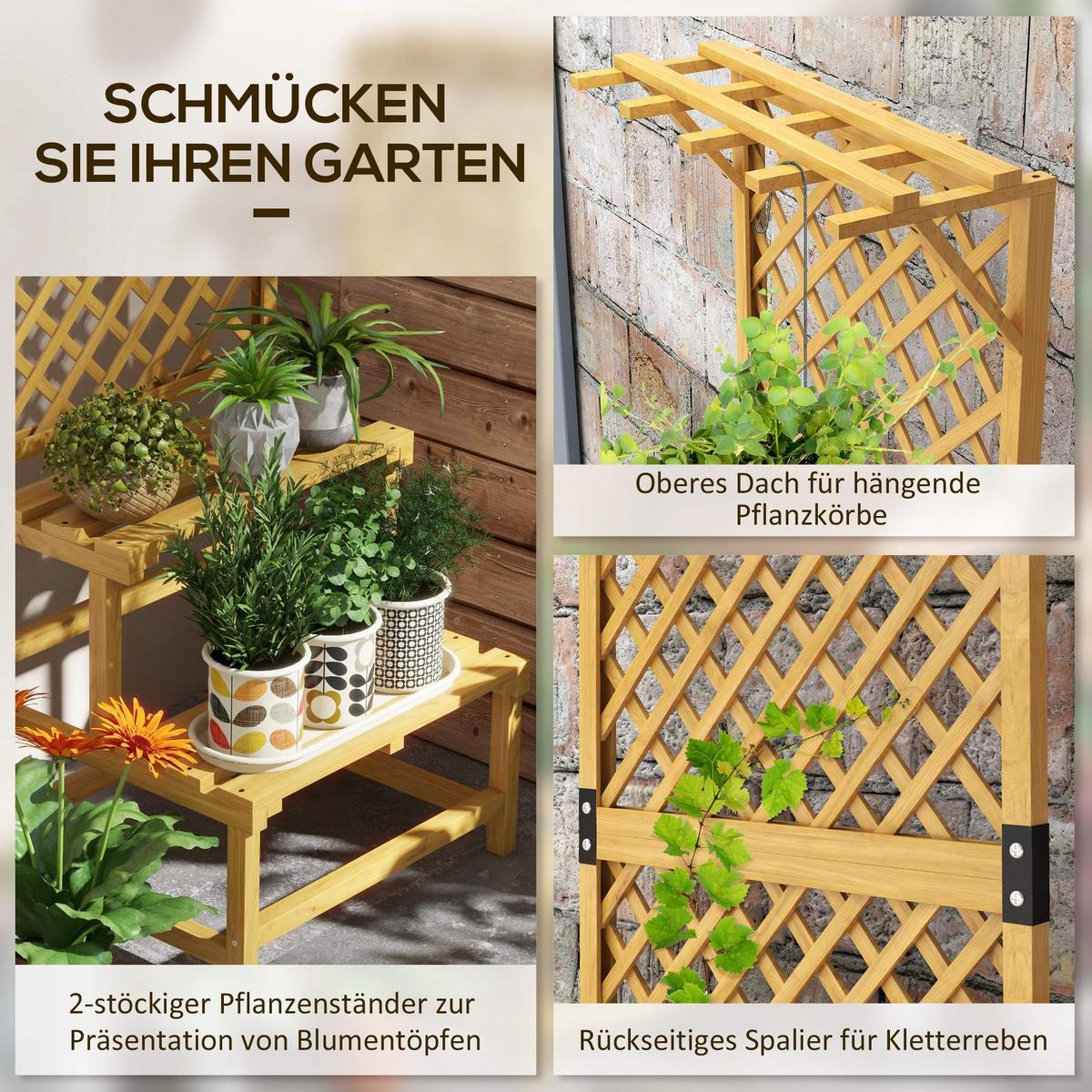 PFLANZENSTÄNDER Blumentreppe mit 2 Ebenen, Rankhilfe für Garten 60 x 50 x 166 cm - Gelb, Holz (50/166/60cm) - Outsunny