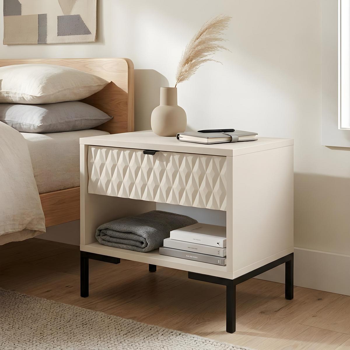 NACHTTISCH Montreal mit Schublade und offenem Fach, dekorative 3D-Fronten, Kaschmir - Kaschmir/Schwarz, Holzwerkstoff/Metall (52/55/40cm) - Beautysofa
