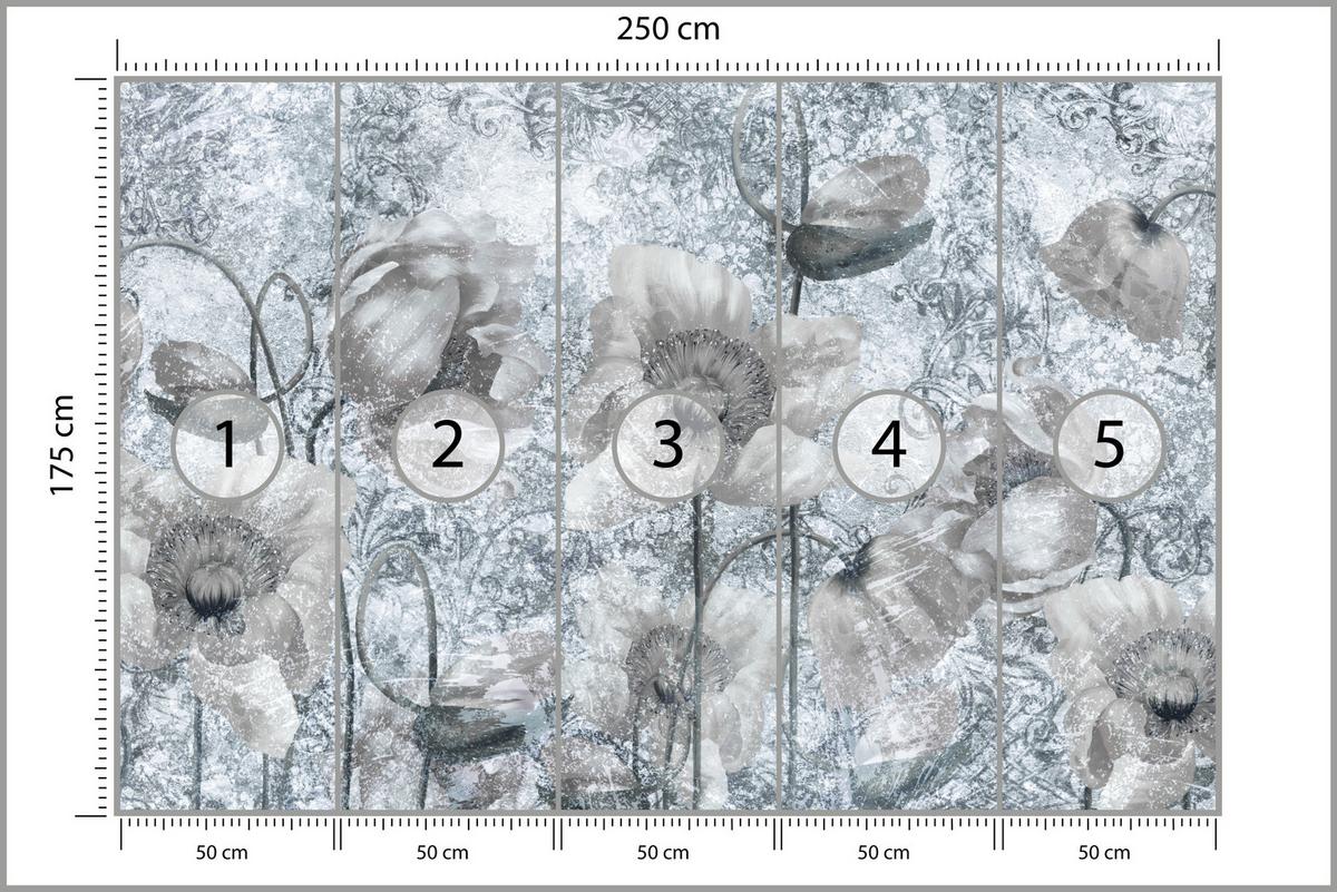 FOTOTAPETE für Wohnzimmer Grau Mohnblumen Beton Blumen Blätter 250x175 - Grau, Papier (250/175cm) - Muralo