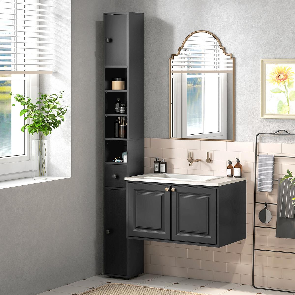 BADEZIMMERSCHRANK Spanplatte Schwarz - Schwarz/Grün, Karton/Holzwerkstoff (20/180/20cm) - Kleankin