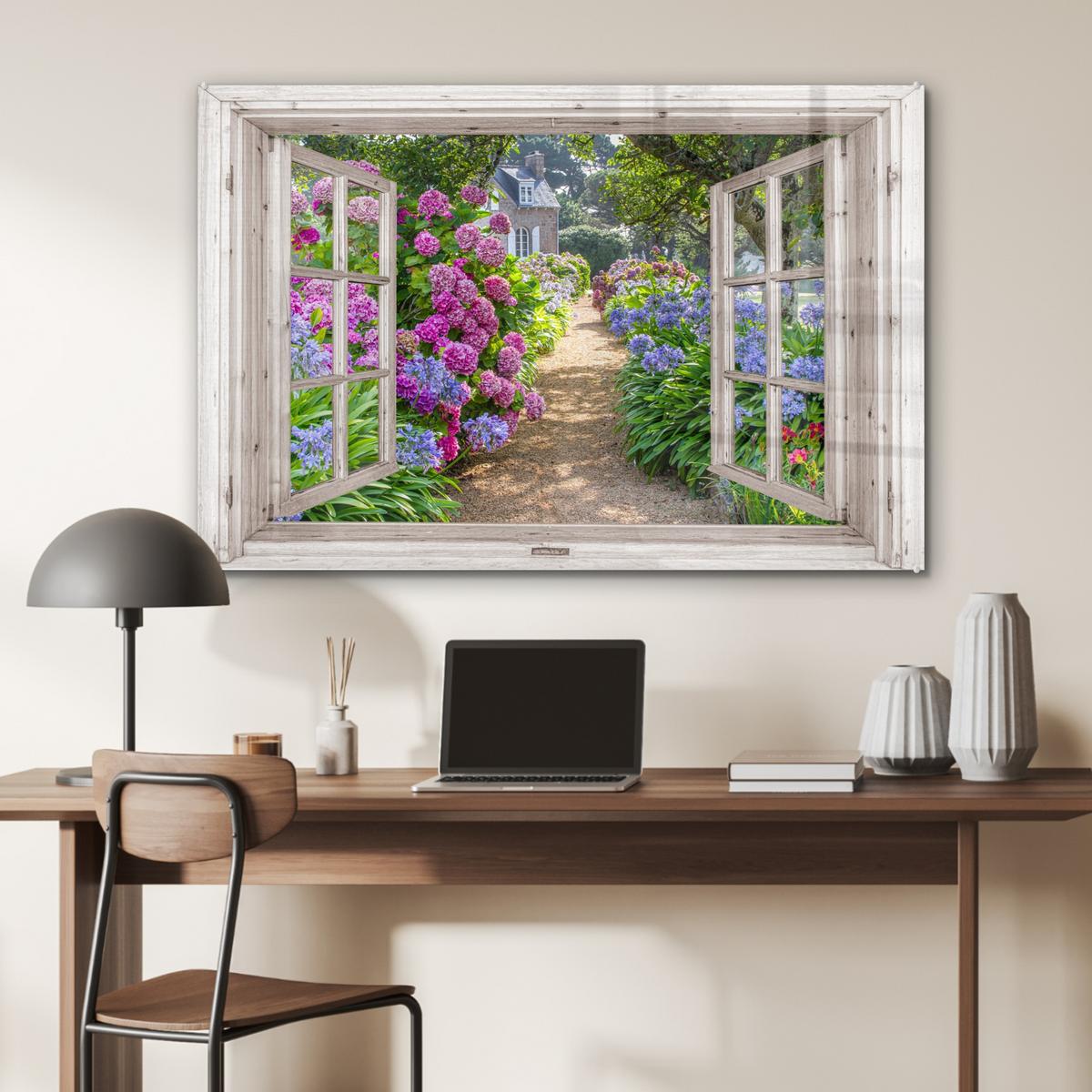 ACRYLGLASBILD Hortensie - Durchsichtig - Blumen - Sommer - Lila - Weg Wandbild Schlafzimmer 120x80 cm - Lila, Glas (120/80cm) - MuchoWow