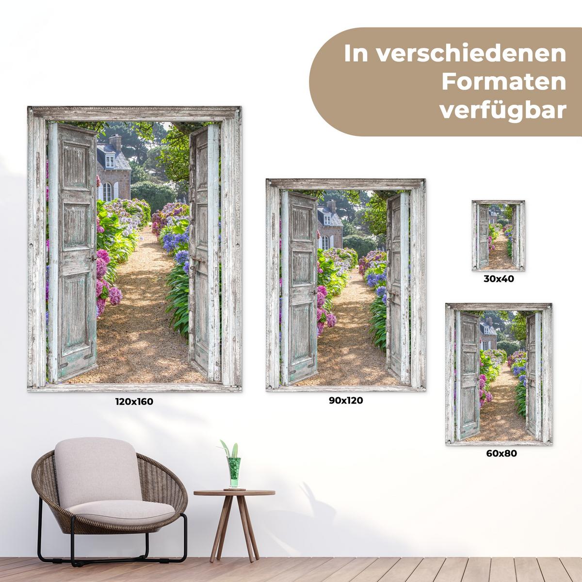 GARTENPOSTER Durchblick - Hortensie - Blumen Gartendekoration 120x160 cm - Hellgrau, Kunststoff (120/160/0.2cm) - OnlyWow