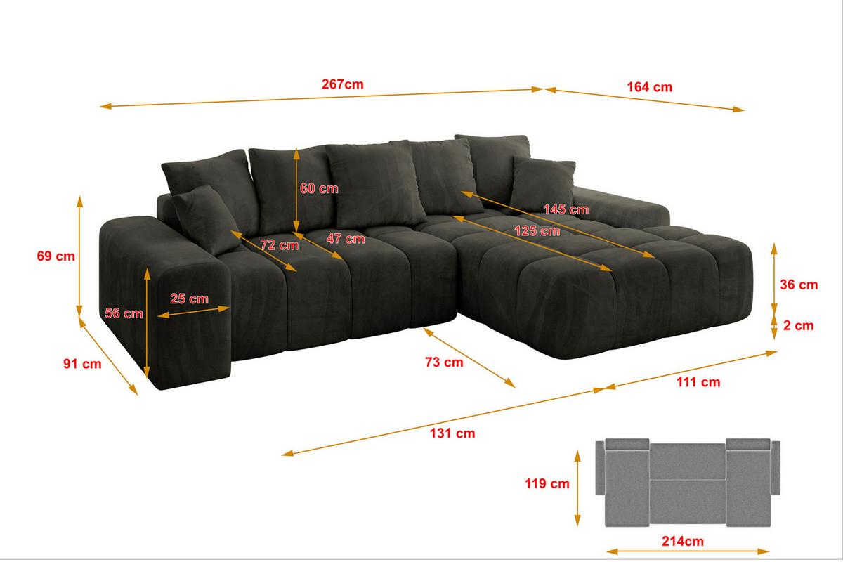 ECKSOFA Ottomane Rechts ENSI-L - 267x164x69 cm Schwarz - Schwarz, Holzwerkstoff/Kunststoff (164/267cm) - ALTDECOR