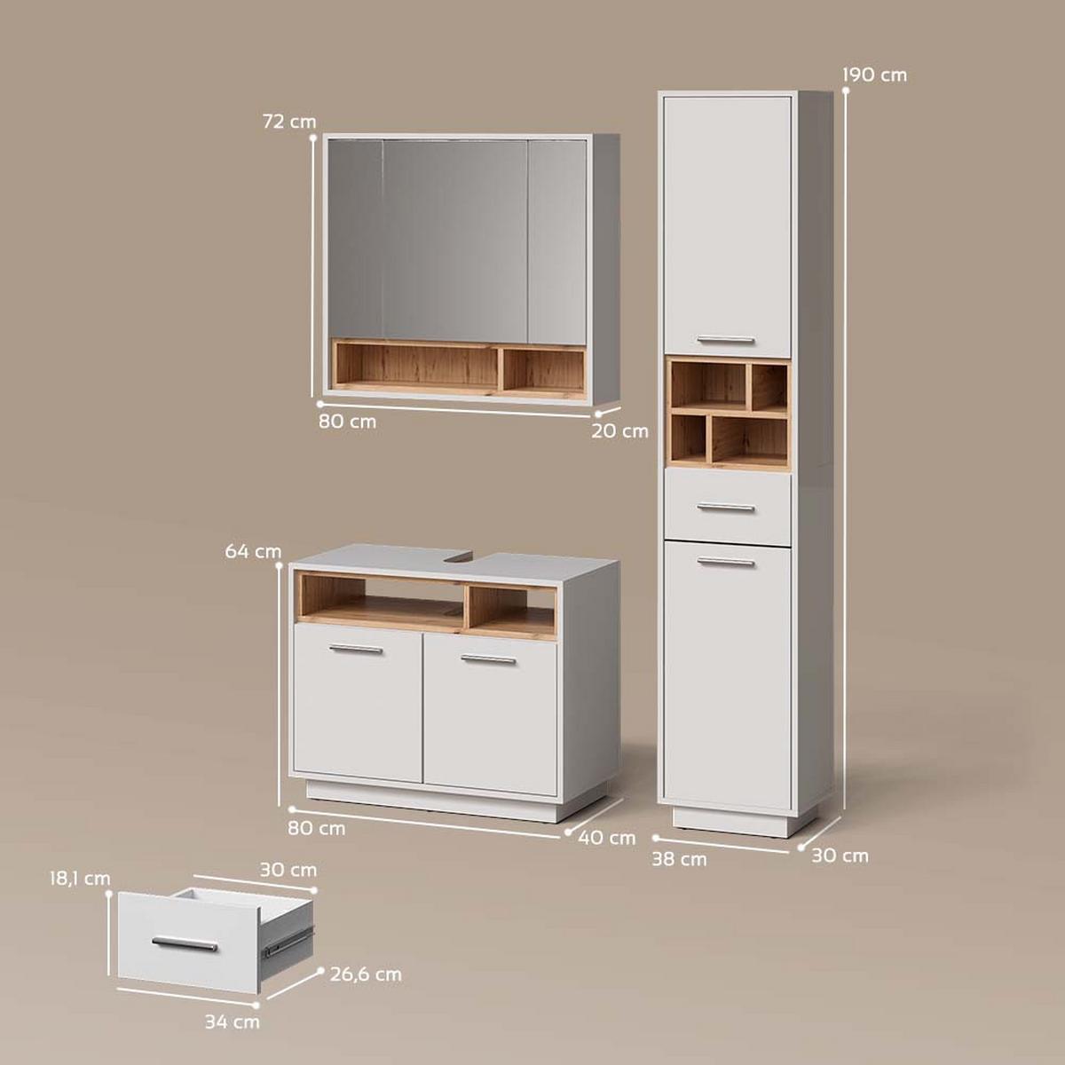 BADMÖBEL-SET Temo Weiß 3 Teile, mit Hochschrank - Weiß, Holzwerkstoff (80/190/40cm) - Livinity®