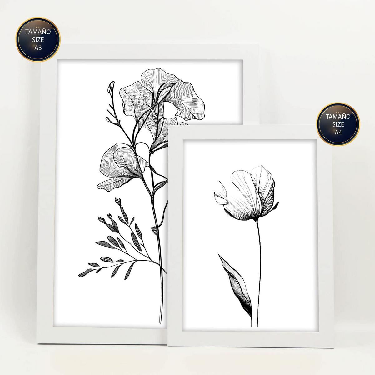 POSTER Set Mit 6 Üppige Blumen Natur Und Botanikdrucke Mit Blumenmotiven In Klassischem Schwarz Und Weiß Innenarchitektur A3 & A4 Weißer Rahmen - Weiß, Papier (29/3cm) - Nacnic