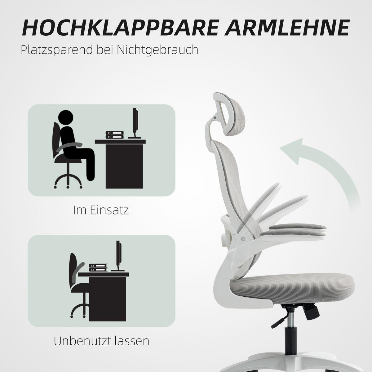 BÜROSTUHL Ergonomischer Schreibtischstuhl mit Hochklappbaren Armlehnen Grau - Weiß/Grau, Kunststoff/Textil (62/115/64cm) - HOMCOM