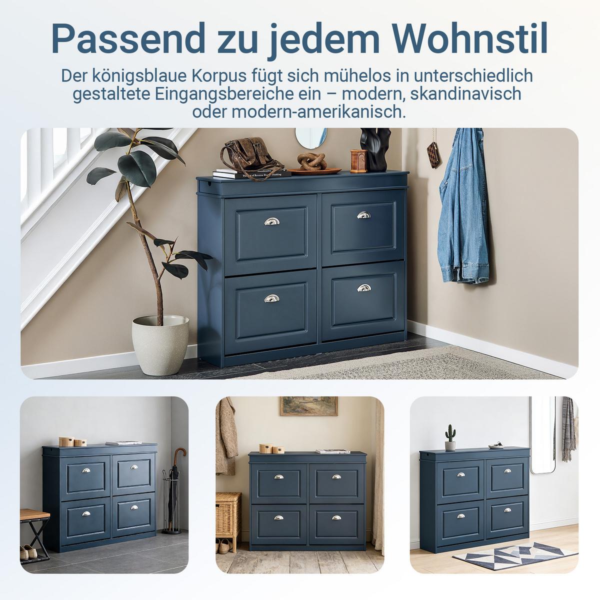 SCHUHSCHRANK blau, 104x83x24 cm, 4 Klappen für 16 Paar, bis EU 47, Schublade & Haken, bis 70 kg - Blau, Holzwerkstoff (104/83/24cm) - SoBuy