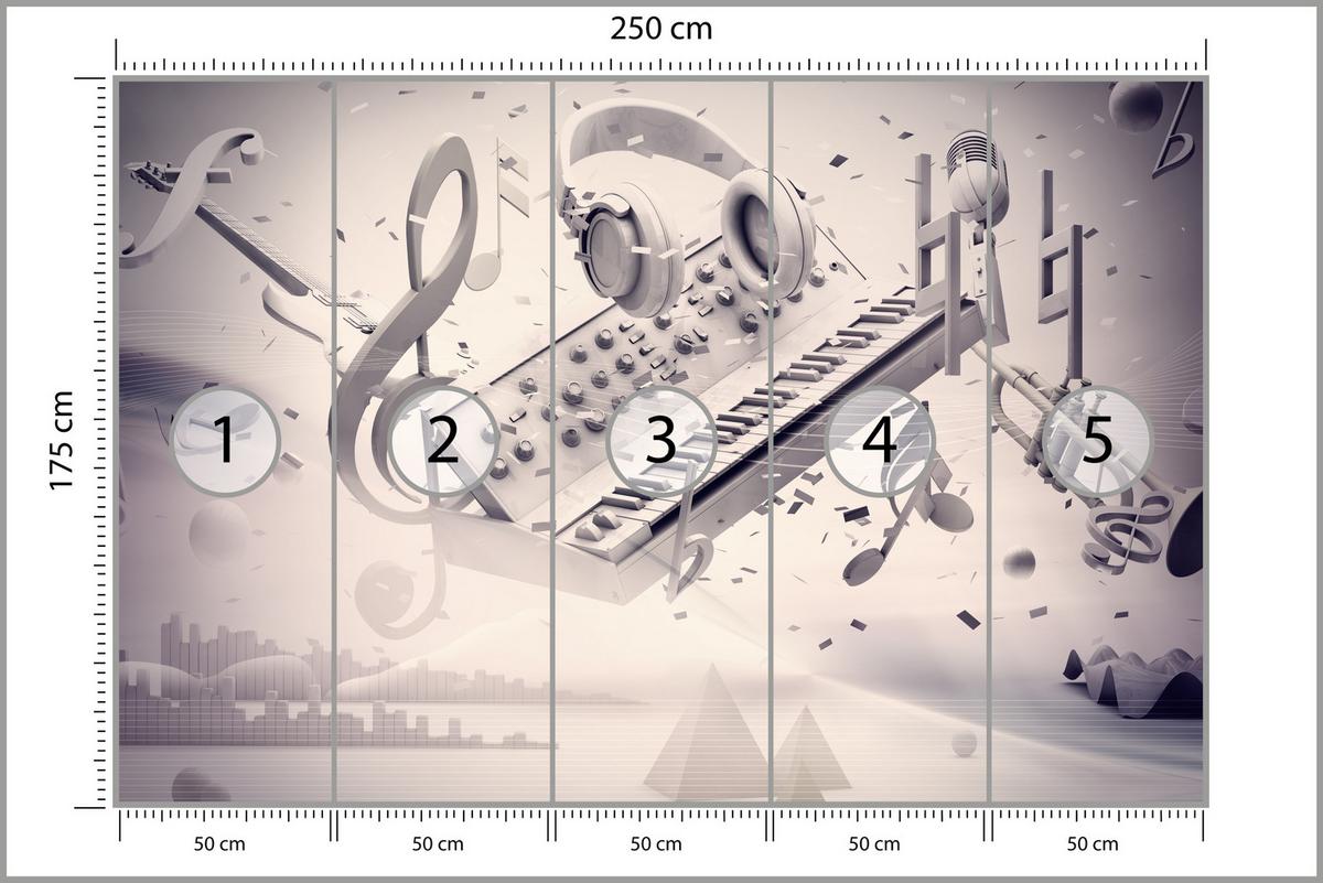FOTOTAPETE für Jugendzimmer Modern Kollage Musik Klavier Noten Kopfhörer 250x175 - Grau, Papier (250/175cm) - Muralo