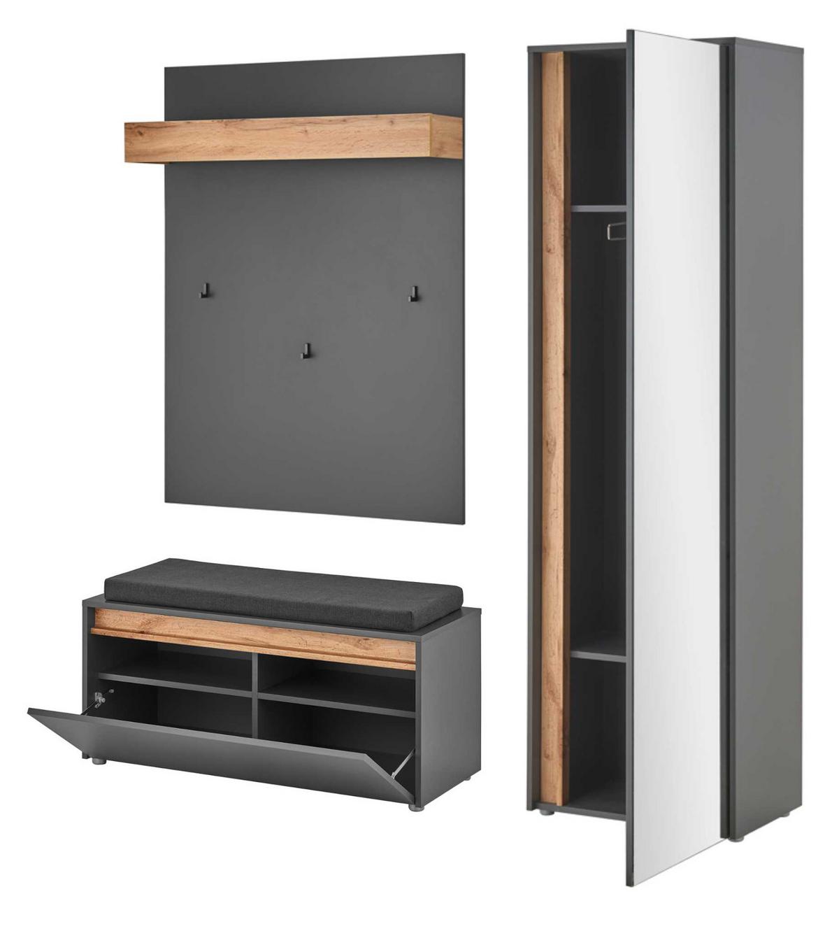 GARDEROBEN-SET 4-teilig grau, Eiche Wotan 170 cm, Flurgarderobe inklusive Sitzkissen - Eiche Wotan/Silberfarben, Glas/Holzwerkstoff (170/200/40cm) - Furn.Design