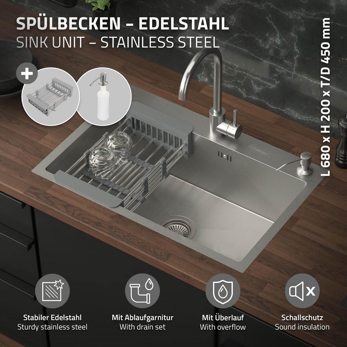 SPÜLBECKEN aus Edelstahl 68x45 cm mit Siphon und Seifenspender - Silberfarben, Metall (45/19/68cm) - ML-DESIGN