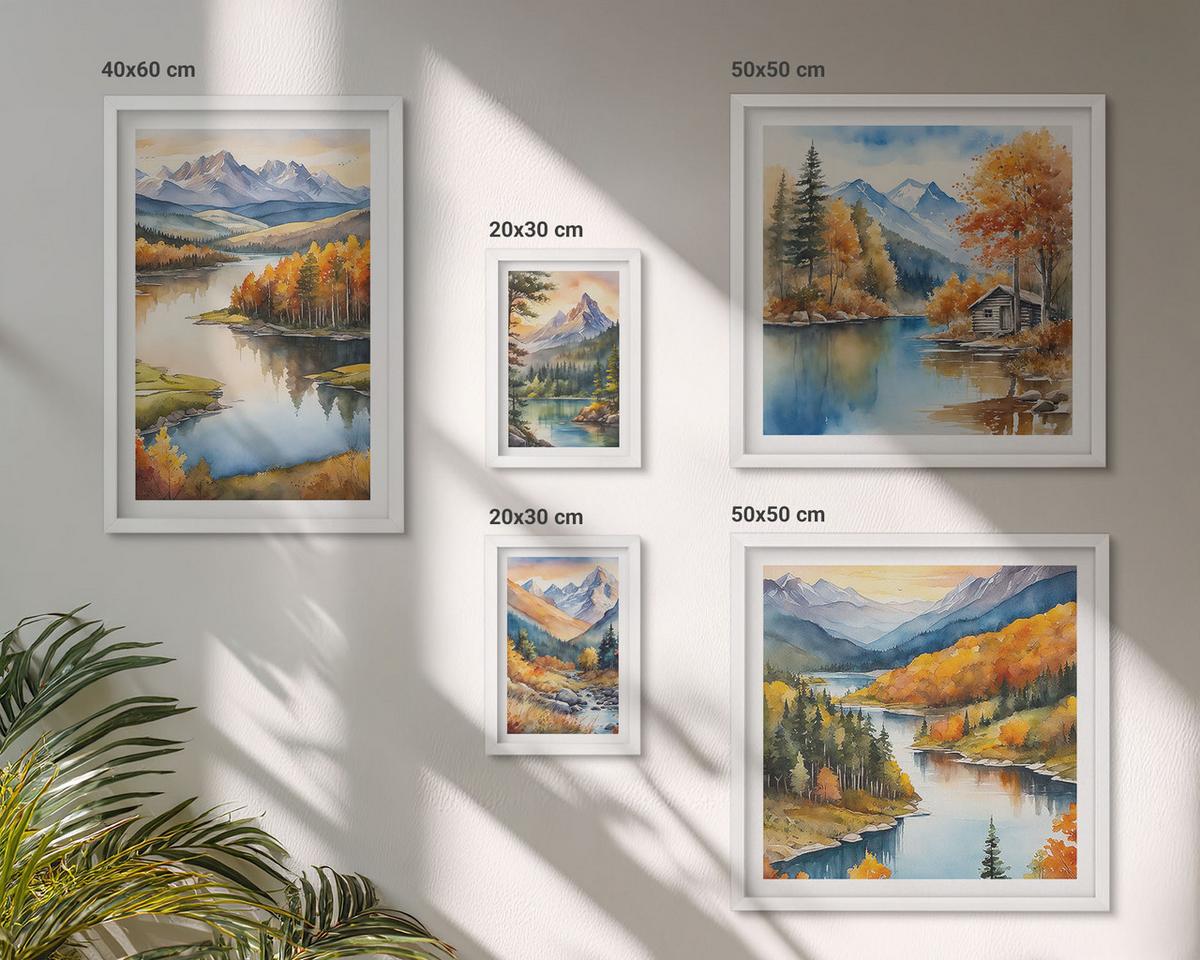 BILDER SET 5er Set - 50x50 cm & 20x30 cm & 40x60 cm Weißer Rahmen - Berglandschaft mit einem Fluss - Weiß, Kunststoff (40/60cm) - TULUP