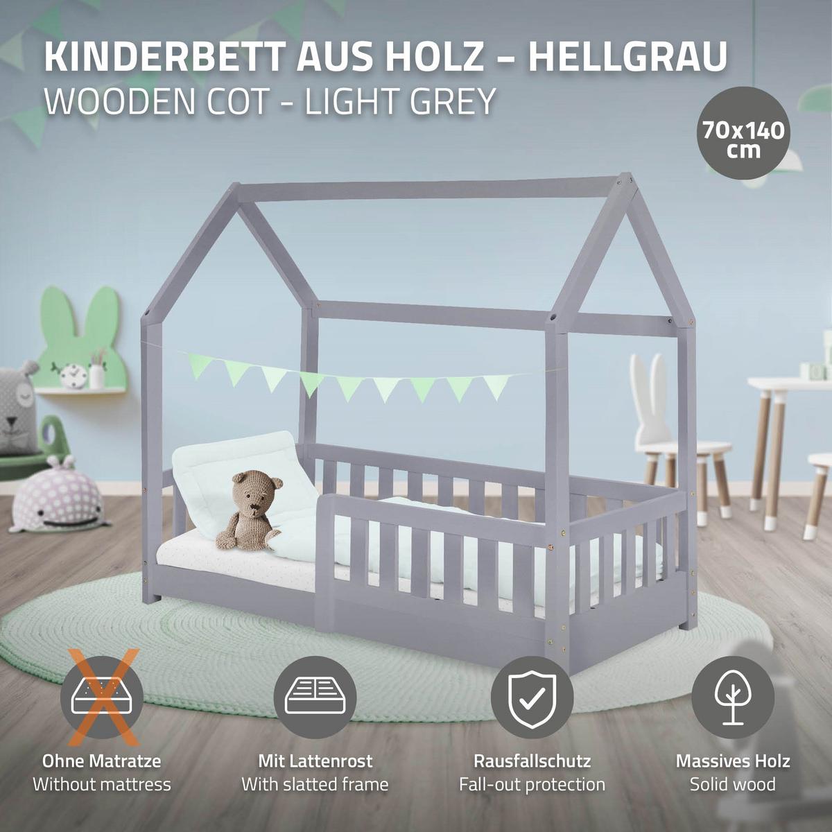 KINDERBETT mit Dach 70x140 cm Hellgrau - Hellgrau, Holz (70/140cm) - ML-DESIGN