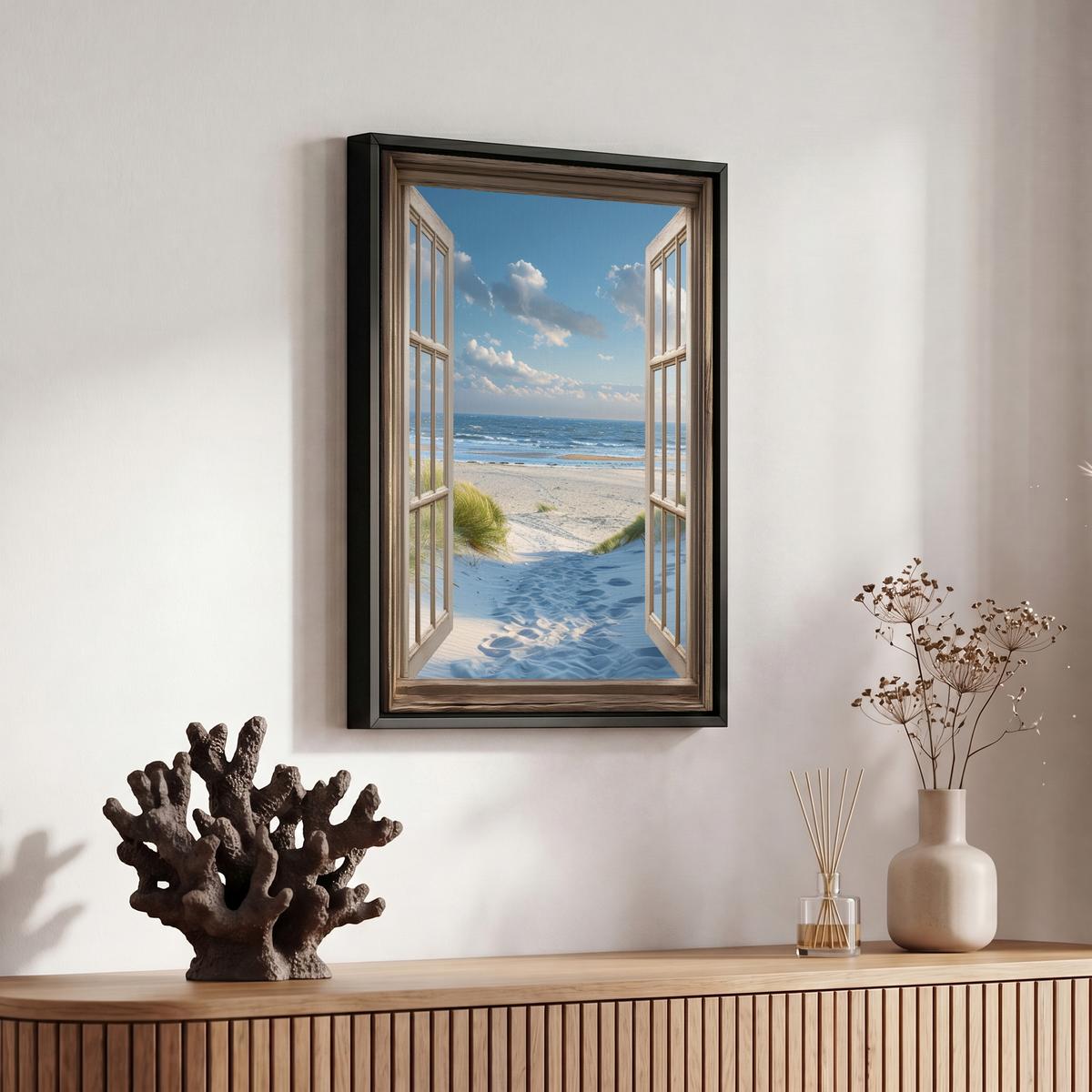 LEINWAND Bilder mit Rahmen - Aussicht - Strand - Fenster - Dünen - Meer - 20x30 - Hellblau, Textil (20/30cm) - MuchoWow