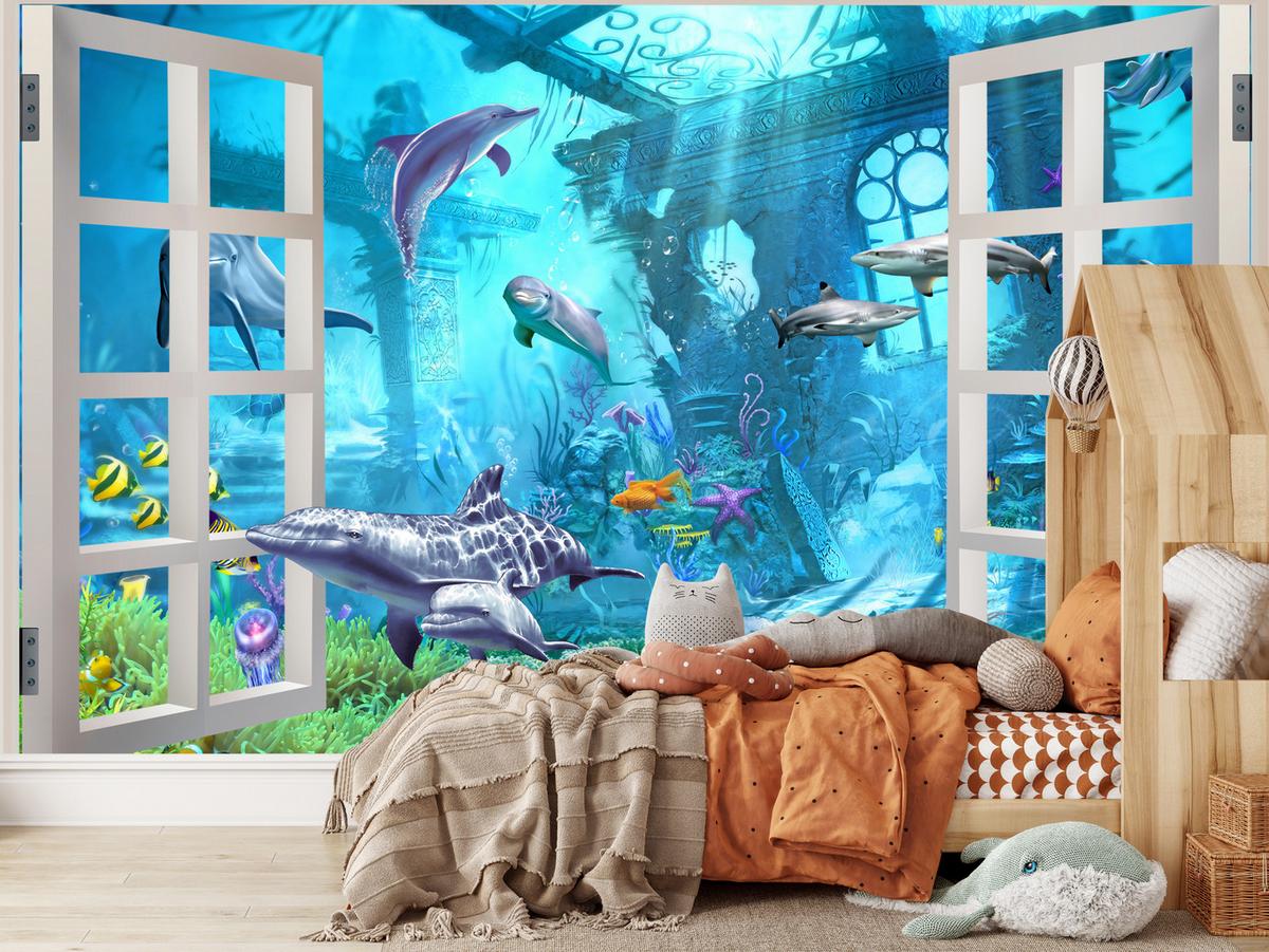 FOTOTAPETE für Schlafzimmer Fenster Unterwasserwelt Delfine Riff 450x315 - Blau/Weiß, Papier (450/315cm) - Muralo