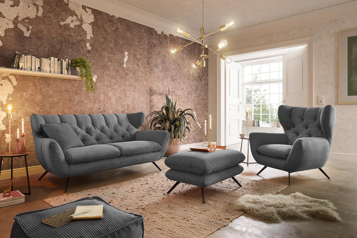 SITZGRUPPE CHARME Grau Cord - Grau, Textil (225/94/95cm) - KAWOLA