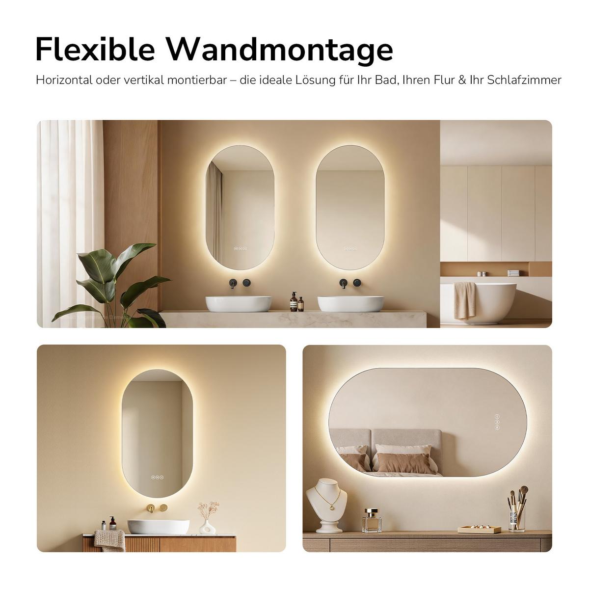 BADSPIEGEL oval mit LED-Beleuchtung 50 x 90 cm Antibeschlag - Transparent, Glas (50/90/2.5cm) - EMKE