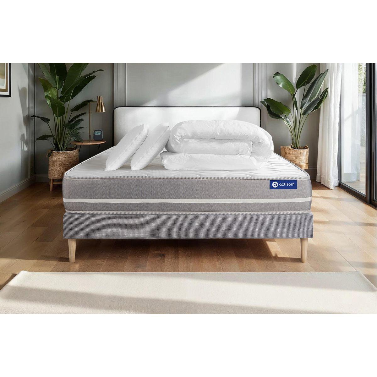 BETT Actiflex touch Taschenfederkern 160 x 200 cm h1 - Kit Bettgestell Grau - Mit Kissen und Bettdecke - Beige/Grau, Karton/Holz (160/200cm) - ACTISOM