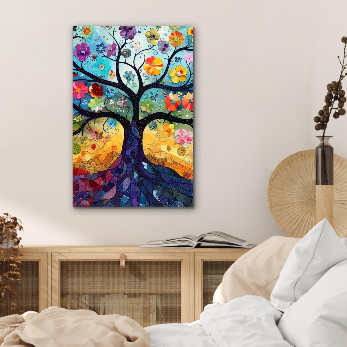 METALLBILD Kunst - Baum des Lebens - Blumen - Hippie Deko Schlafzimmer 40x60 cm - Dunkelblau, Metall (40/60cm) - MuchoWow