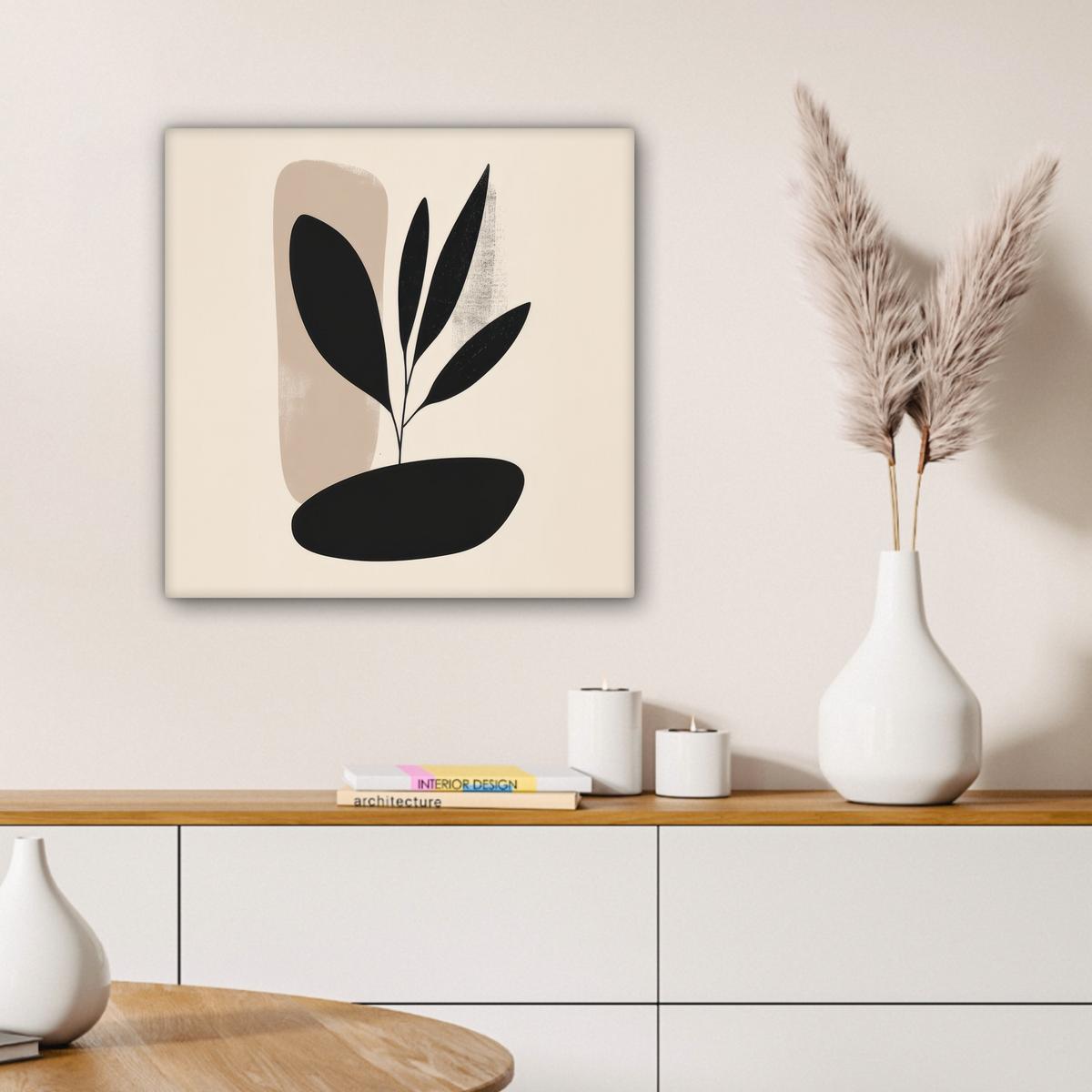 LEINWANDBILD Pflanze - Beige - Japanisch Wandbild Wohnzimmer 50x50 cm - Schwarz, Textil (50/50cm) - MuchoWow