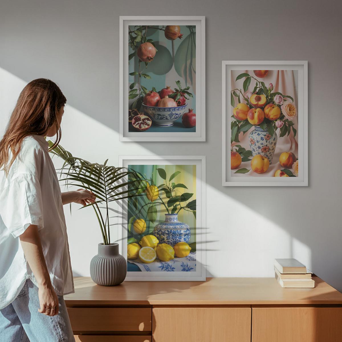 BILDER SET 3er Set - 40x60 cm Weißer Rahmen - Granatäpfel, Pfirsiche, Zitronen - Weiß, Kunststoff (40/60cm) - TULUP