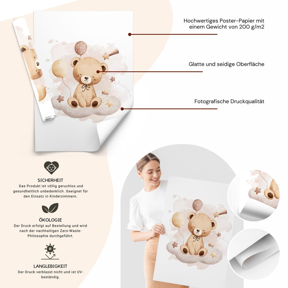 POSTER SET für Kinderzimmer Schlafende Bären auf Wolken Sterne 3x Poster A3 30x42cm - Beige/Braun, Papier (30/42/1cm) - Muralo