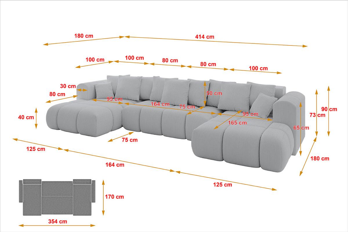 WOHNLANDSCHAFT CLOUD-U-v1 405x185x90 Grau Cord - Grau, Holzwerkstoff/Kunststoff (405/90/185cm) - ALTDECOR