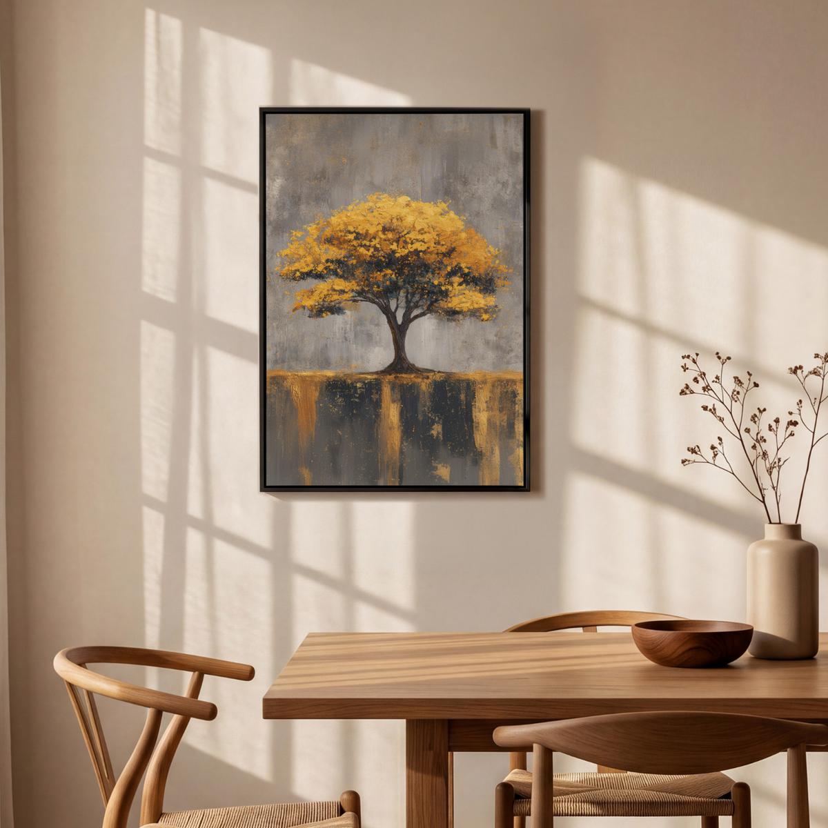 LEINWAND Bilder mit Rahmen - Baum - Blätter - Gold - Abstrakt - 60x90 - Grau, Textil (60/90cm) - MuchoWow