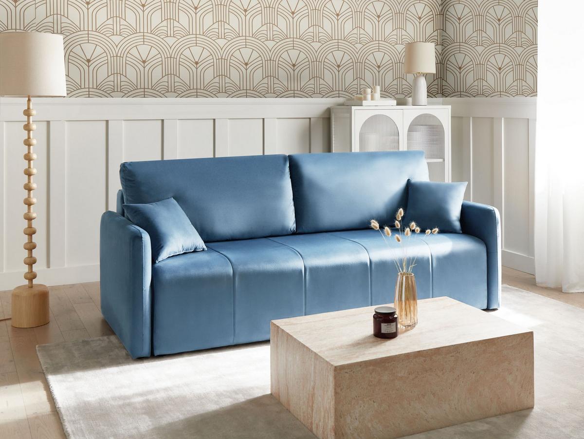 SCHLAFSOFA 3-Sitzer Samtstoff Blau Egge - Blau, Textil (220/88/93cm) - Beliani