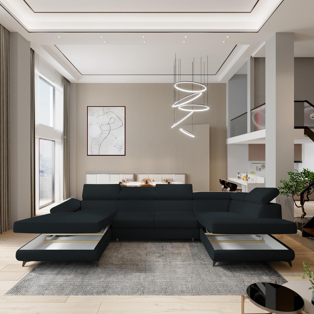 WOHNLANDSCHAFT RUBANO R-S Schwarz Boucle-Stoff mit Schlaffunktion - Schwarz, Holz (339/89/190cm) - MASSENO
