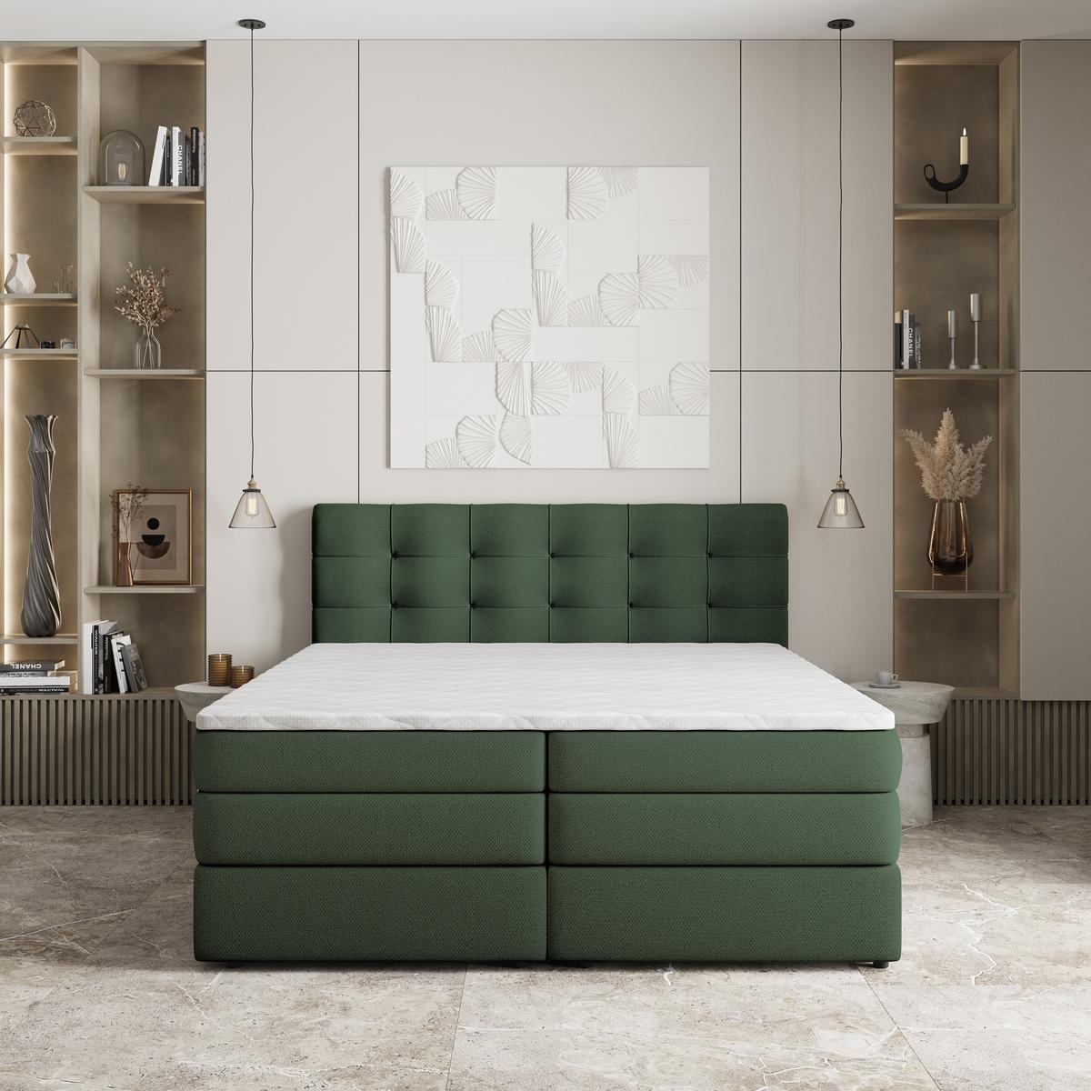 BOXSPRINGBETT AREZI 160x200 cm mit Matratze und Topper - Grün - Grün, Holz (160/200cm) - MASSENO