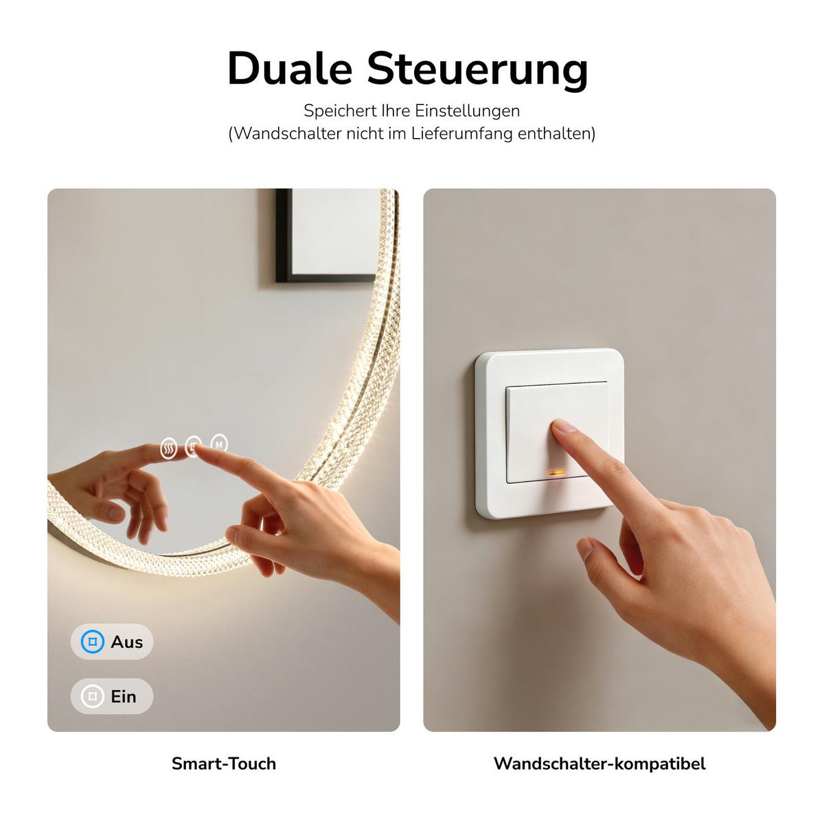 BADSPIEGEL Rund mit LED-Beleuchtung Ø 60 cm, schwarzer Rahmen, 3 Lichtfarben, beschlagfrei - Schwarz, Glas (60/60/4.3cm) - EMKE