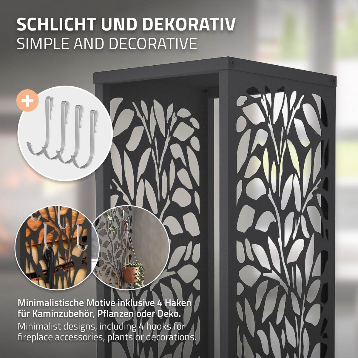 KAMINHOLZREGAL Innen Außen Brennholzregal 37,5x37,5x112 cm Stahl Verzinkt Anthrazit Blätter-Motiv - Anthrazit, Metall (37.5/112/37.5cm) - ML-DESIGN
