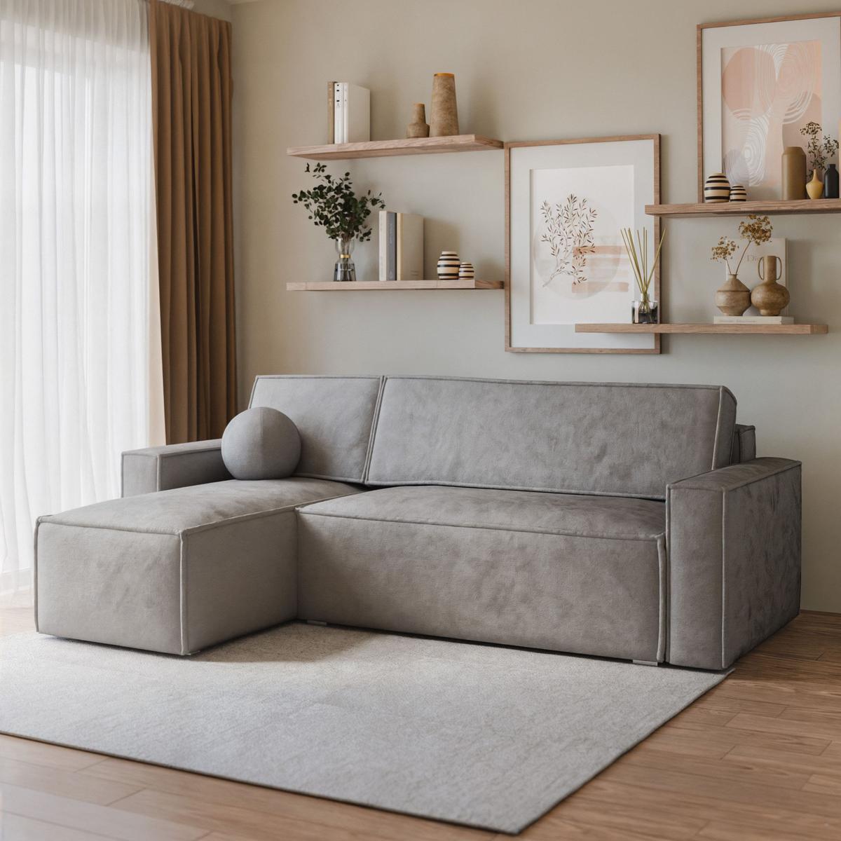 ECKSOFA RAVELO M Hellgrau Velours-Stoff mit Schlaffunktion - Hellgrau/Grau, Holz/Kunststoff (240/140cm) - MASSENO