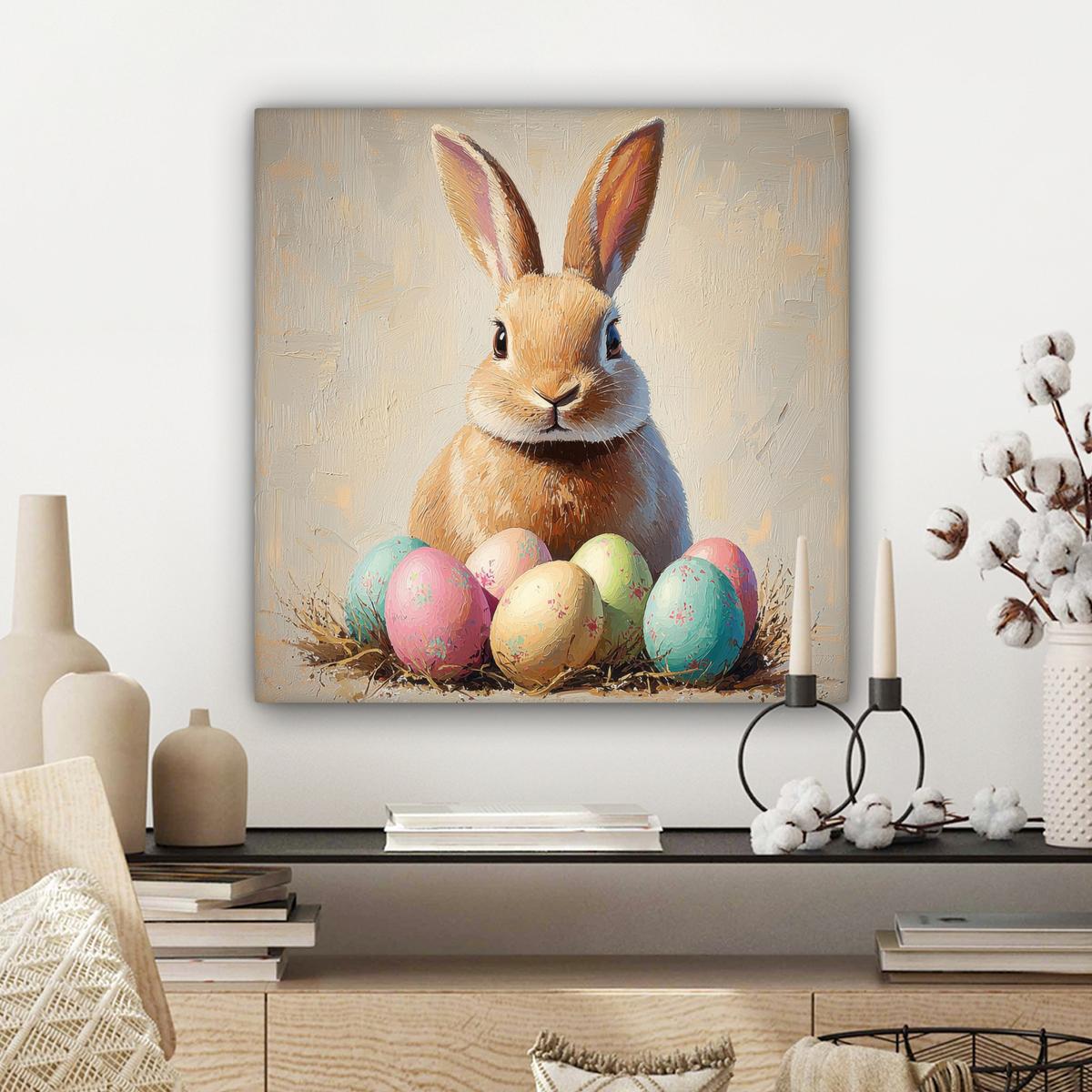 LEINWANDBILD Osterhase - Pastell - Eier Wandbild Wohnzimmer 50x50 cm - Beige, Textil (50/50cm) - MuchoWow