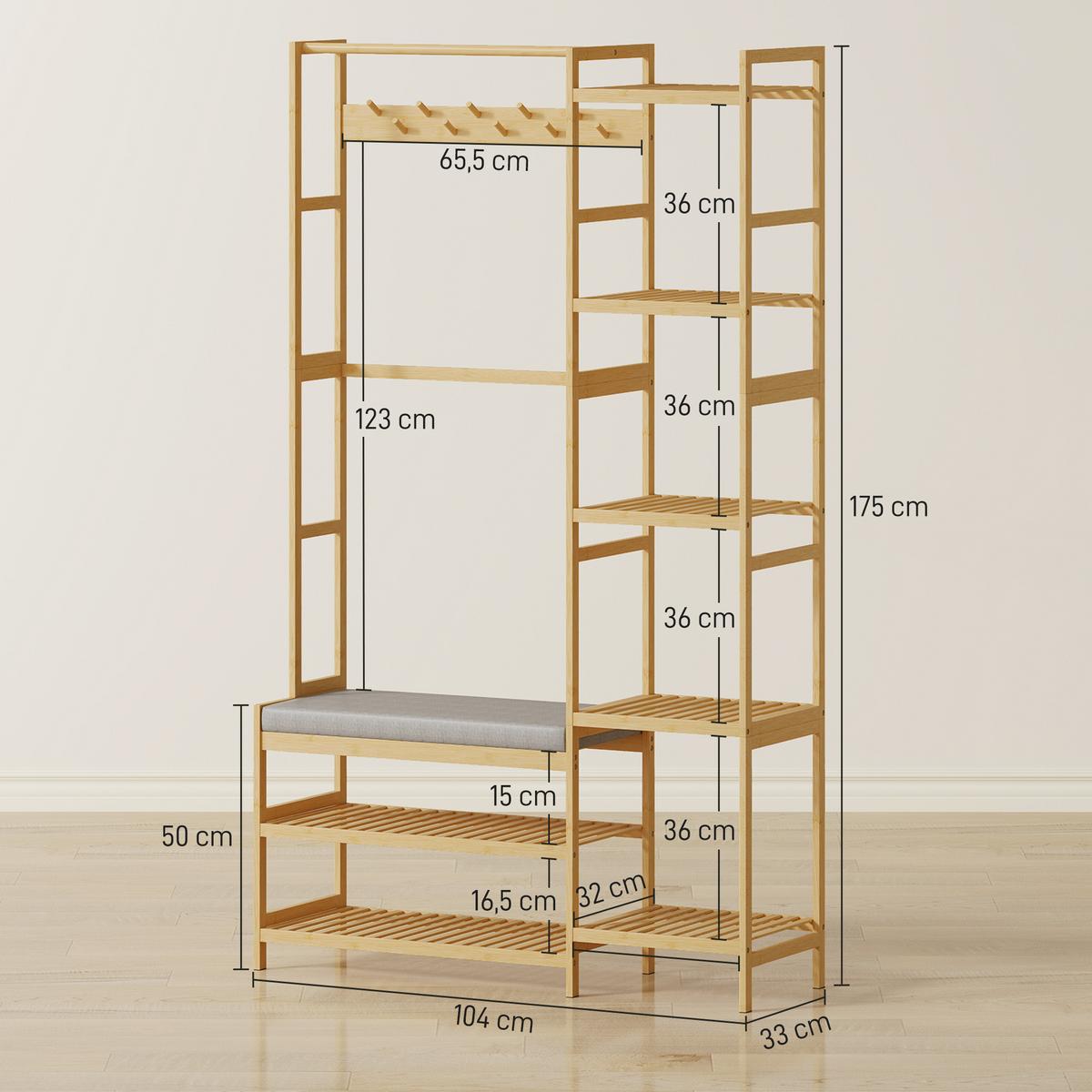 GARDEROBENSTÄNDER mit 10 Haken 104/33/175 cm Natur - Naturfarben/Grau, Holz/Bambusholz (33/175/104cm) - HOMCOM