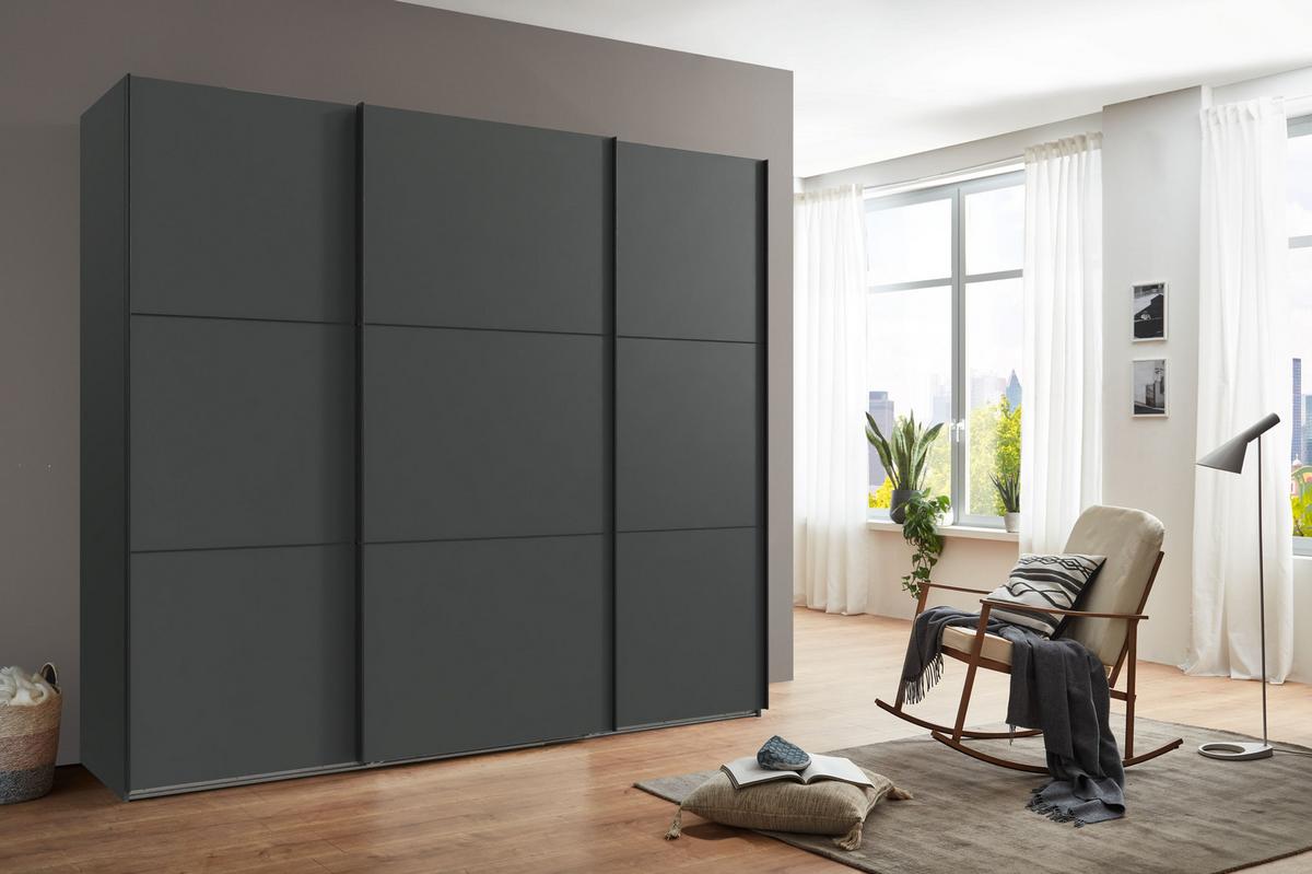 SCHWEBETÜRENSCHRANK 3-türig B250/H216/T65 cm in Anthrazit, Kleiderschrank inkl. Vollausstattung/ 22012 - Anthrazit/Rot, Holzwerkstoff/Metall (250/216/65cm) - luma-home